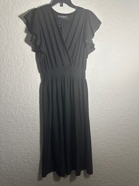 Stone & Co. Black Flutter-Sleeve Smocked Midi Dress